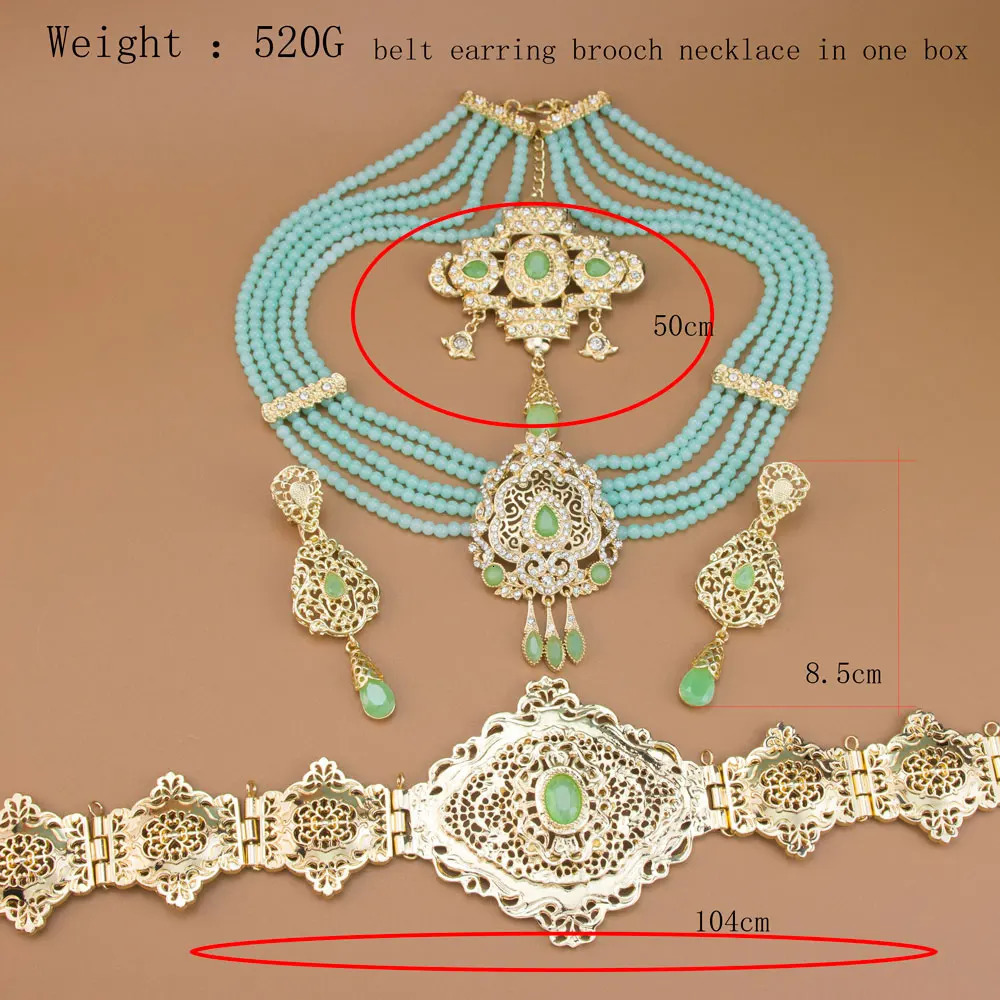 Sunspicems Gold Color Morocco Caftan Belt Waist Chain Women Beads Chain Choker Necklace Long Earring Arab Bridal Wedding Jewelry 250409