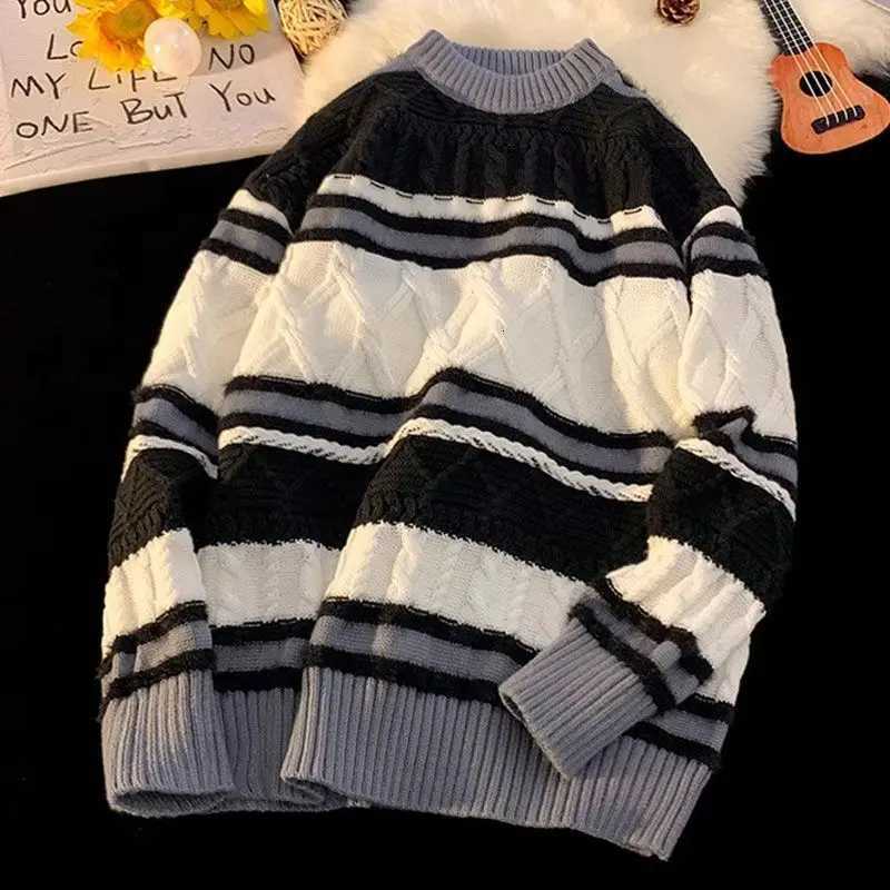 Fashion American autumn and winter street fashion personalized jacquard round neck pullover for couples loose retro color blocked knit Y251110