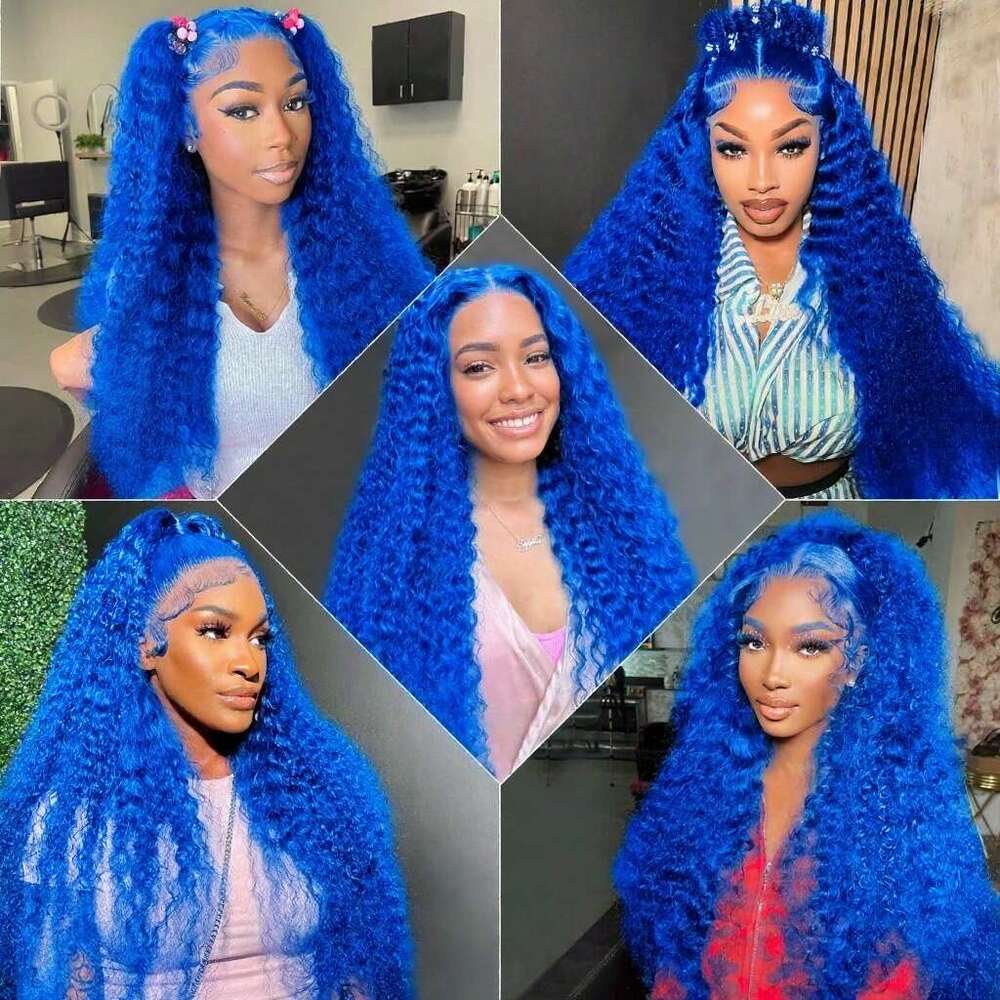 Women's Brazilian Remy Human - Kinky Blue Lace Front 13X4 HD Transparent Lace, Pre-Plucked Glueless Wig With Baby Hair Bleached Knots 180% Densit