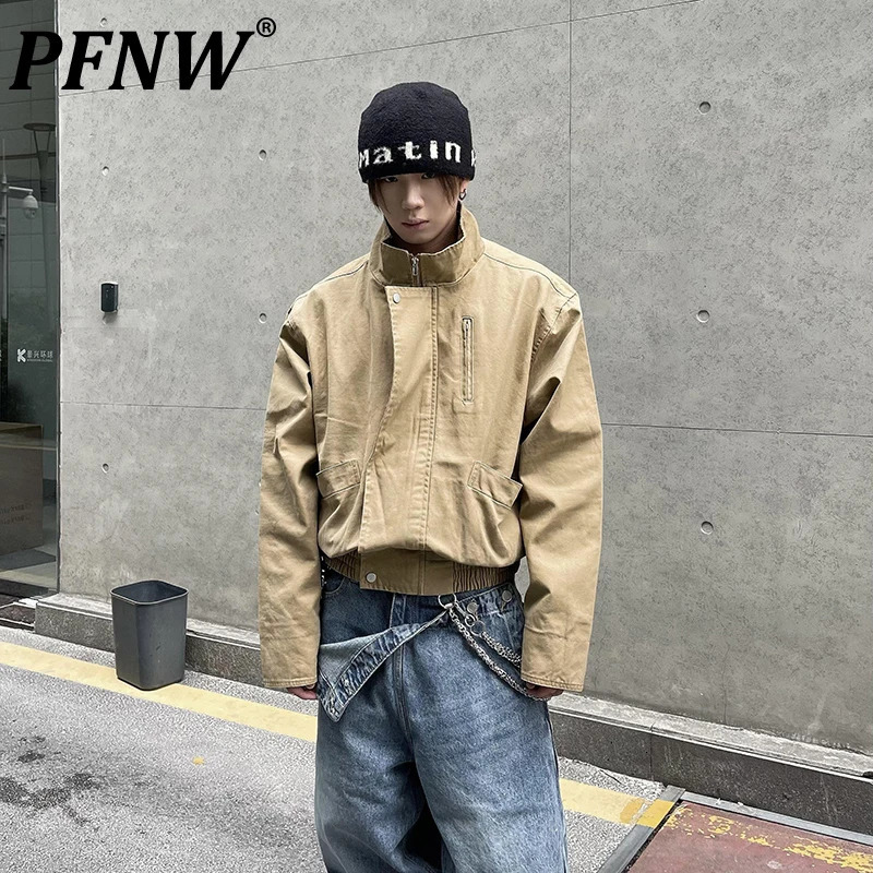 PFNW unisex American high street Distressed Stand collar silhouette khaki jacket mens trend retro workwear short jacket 12C2245 250410
