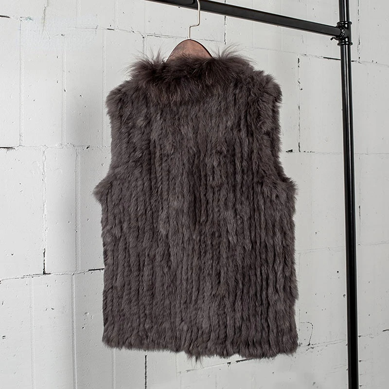 VT7008 Womens Natural Real Rabbit Fur Vest With Raccoon Collar Waist Coat Knitted Winter Jacket 251110