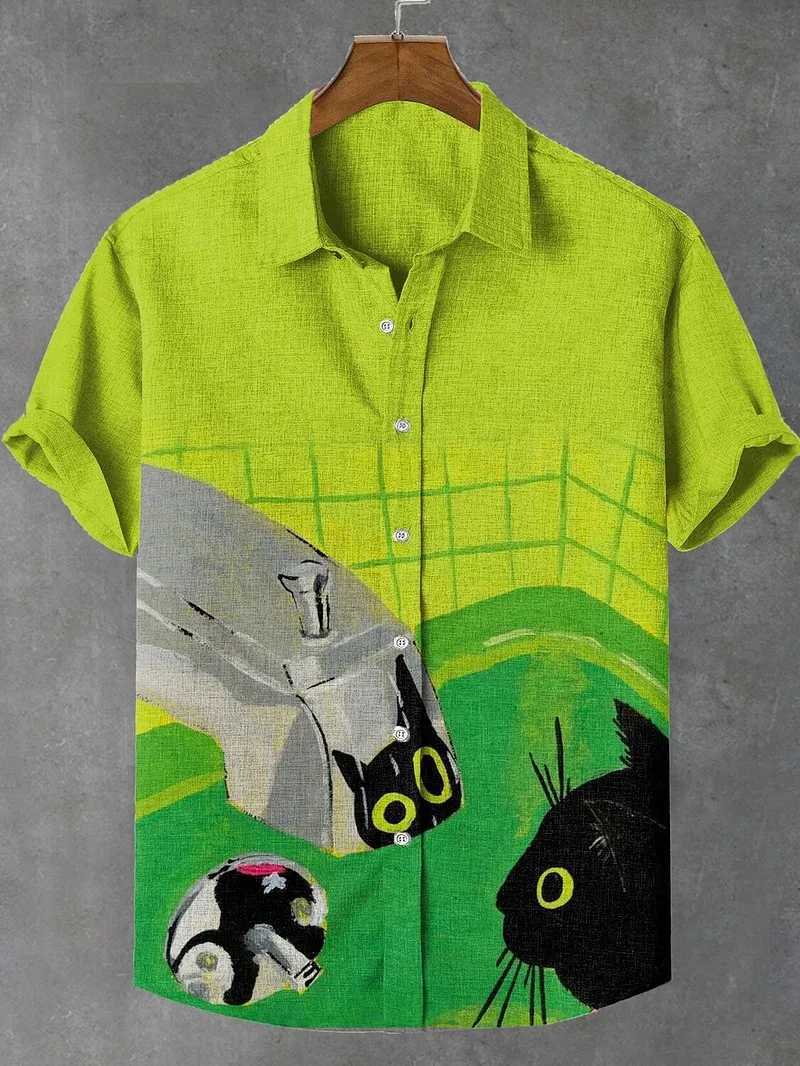 Mens cat graphic shirt short sleeved button up collar shirt summer oversized top vacation casual Hawaiian shirt X250410
