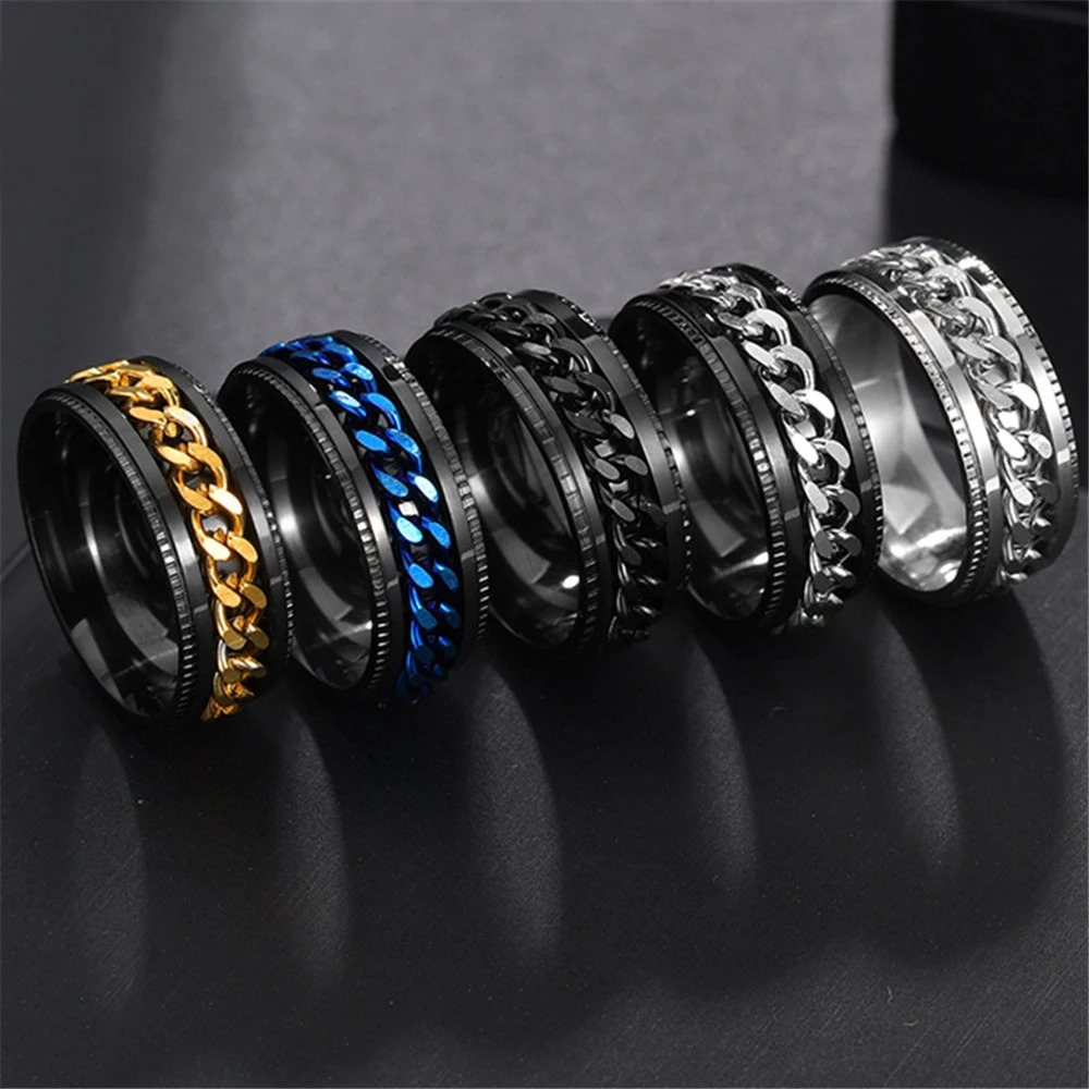 Anxiety Fidget Spinner Rings for Men Stainless Steel Spinning Rotatable Cuban Chain Ring for Women Punk Rock Anti Stress Jewelry 251110