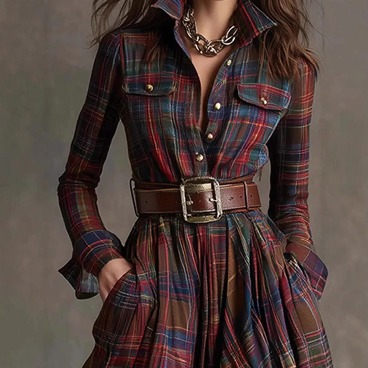 European American Womens Shirt Maxi Dress Autumn Casual Long Sleeve Button Pocket Plaid Print Lapel Retro Vestidos 251110