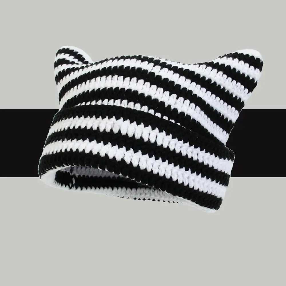 Cute Cat Ear Beanie Crochet Hats for Women Girl Knitted Y2K Striped Winter Warm Loose Fit Handmade HipHop Stylish Skullies CapXJ251110