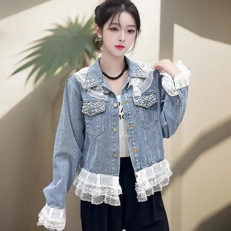 Womens denim jacket fashion lace patch work spring autumn casual denim jacket outerwear oversized 5XL 250409