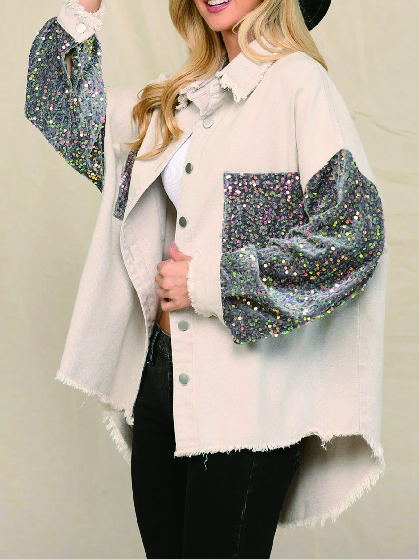 Women's Sequin Patchwork Denim Jacket, Raw Edge Fringe Loose Fit Cotton Coat---D400