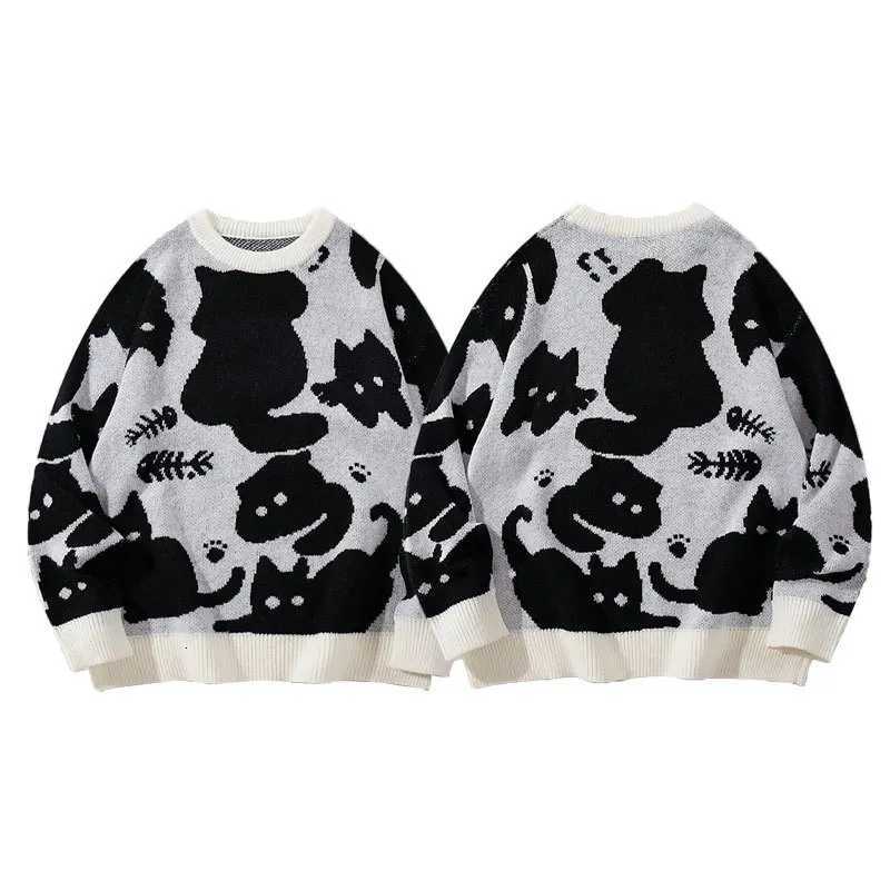 Fashion CALESECT Cartoon Black Cat Oversize Knit Sweater Y2K Aesthetic Jumper Loose Fit Streetwear Vintage Unisex Women Men Pullover Top Y251110