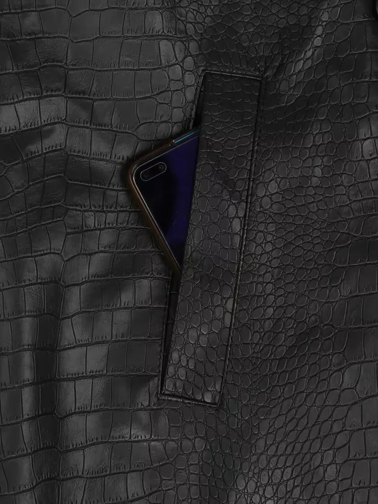 Mauroicardi Spring Long Matte Black Print Pu Leather Trench Coat for Women with Belt Loose Casual Korean Fashion 251105