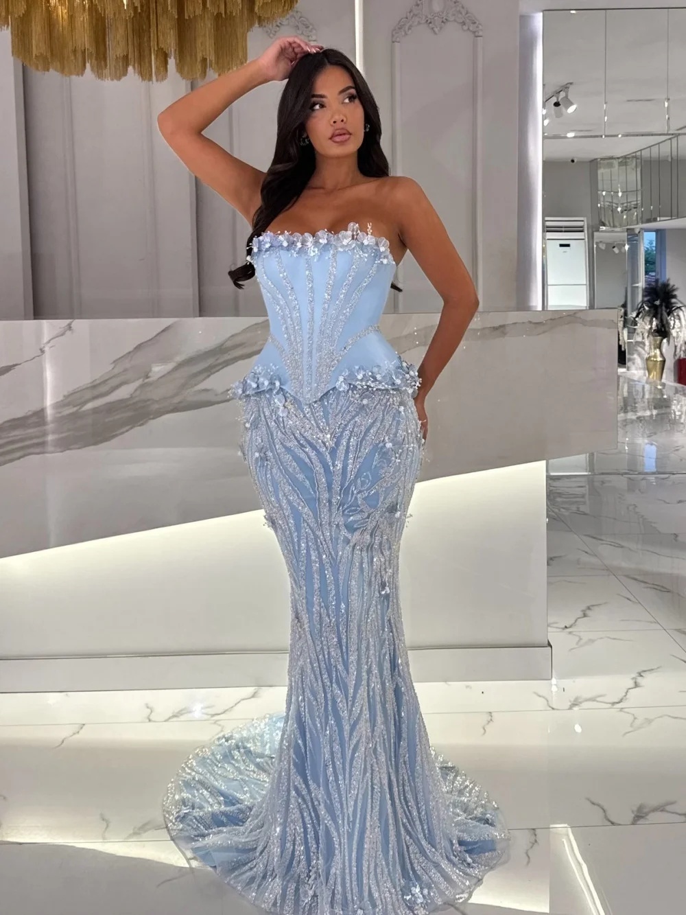Stylish Strapless Evening Dresses Flowers Sequins Prom Gown Sleeveless Mermaid Sequins Sweep Train Customized Vestidos De Noche Plus Size