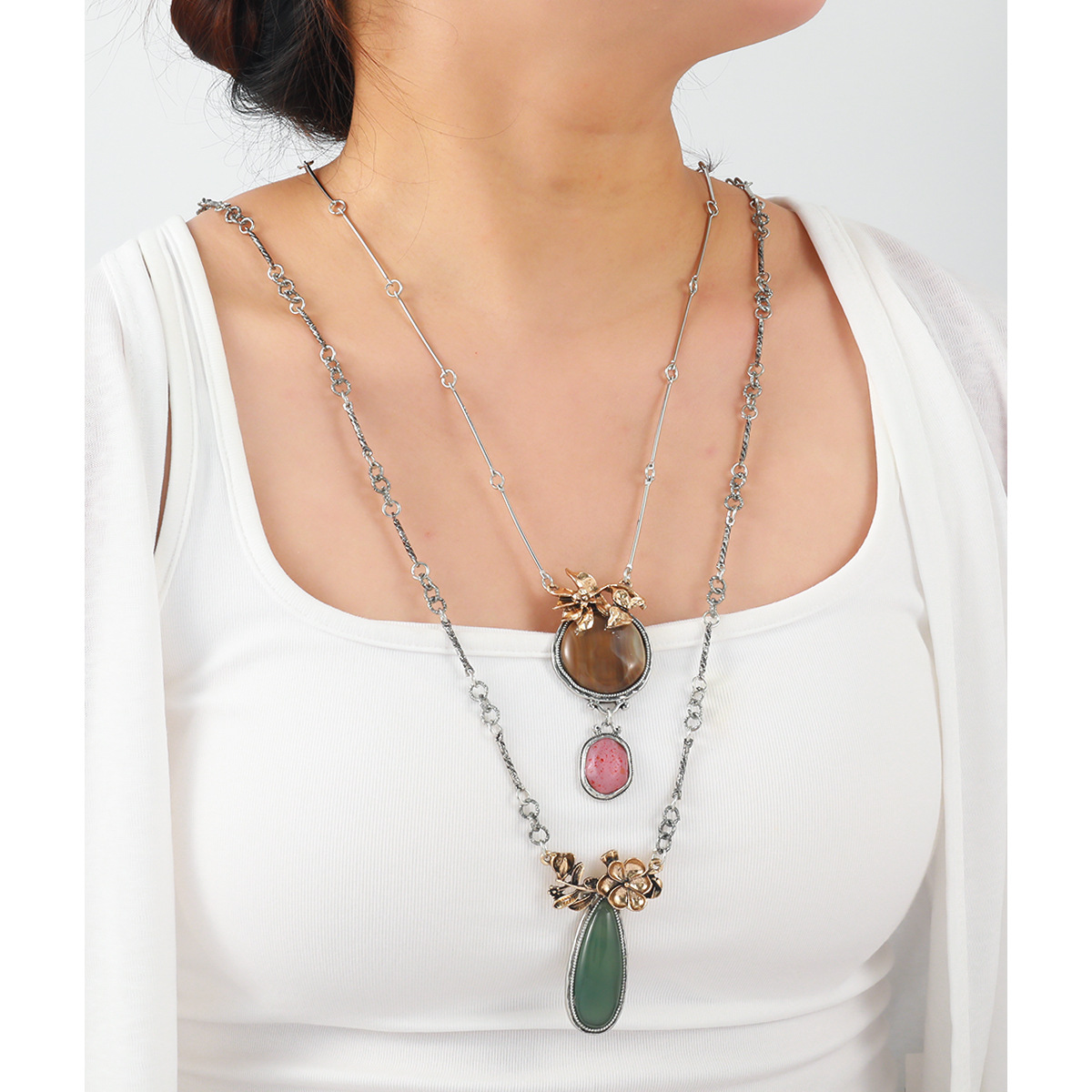 Exquisite Autumn Droplet Shaped Floral Pendant Two Piece Necklace Sweater Chain Bohemian Style Fashionable Necklace