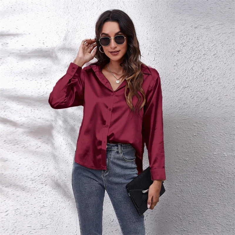 Spring satin womens loose button up shirt womens silk long sleeved shirt 250409