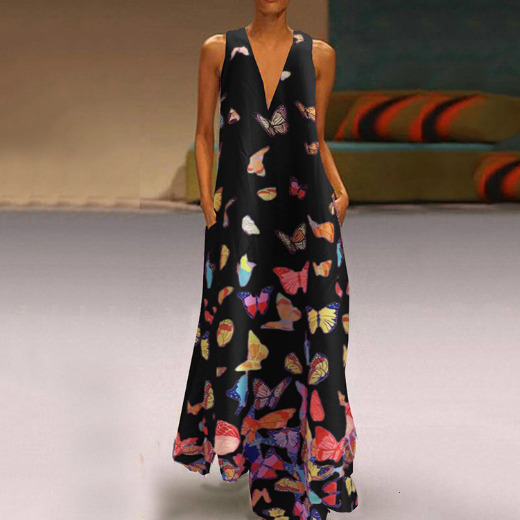 Summer Butterfly Print Bohemian Beach Skirt V-Neck Sleeveless Long Large Women's Dress