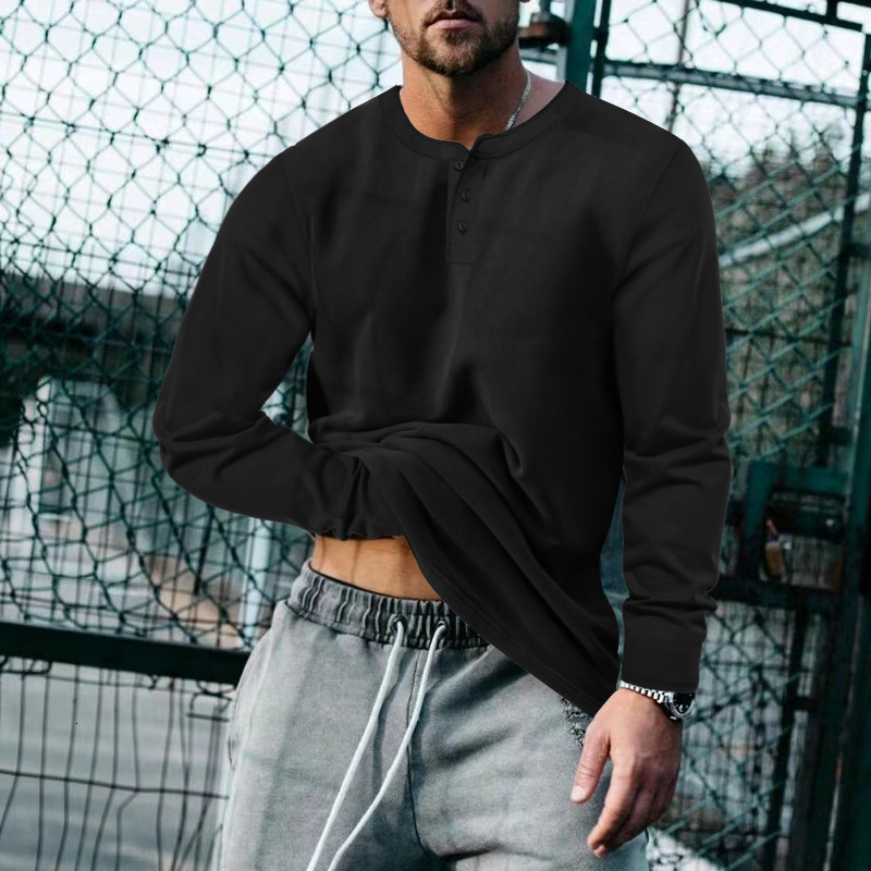 2024 mens spring and autumn round neck long sleeved T-shirt loose fitting pullover casual solid color T-shirt base shirt