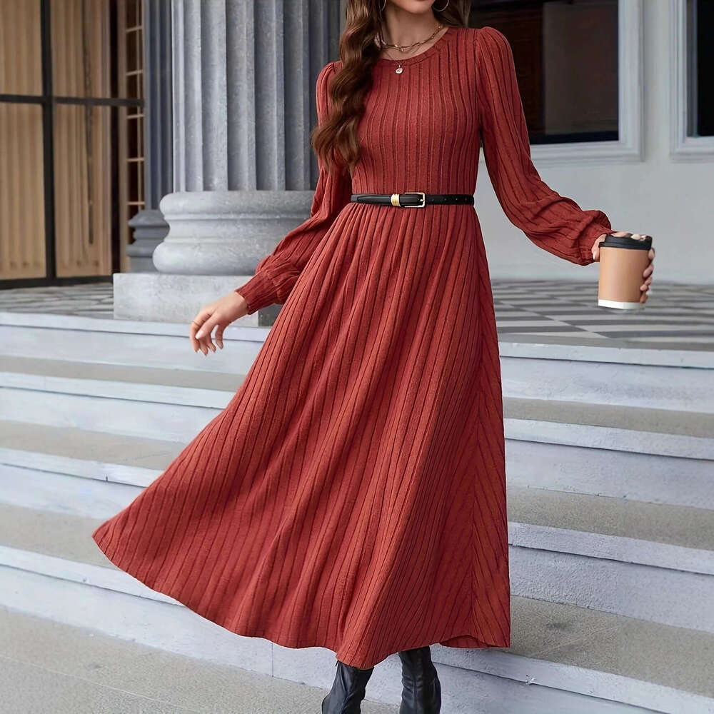 Amazon European and American 2025 New Simple Solid Color Ribbed Women's Knitted Dress
