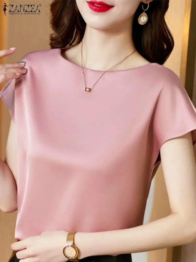 ZANZEA Summer Fashion Shirt Elegant Short Sleeve Satin Shirt Womens Fashion OL Work Shirt Womens Party Blusas Tunic Chemise 250409