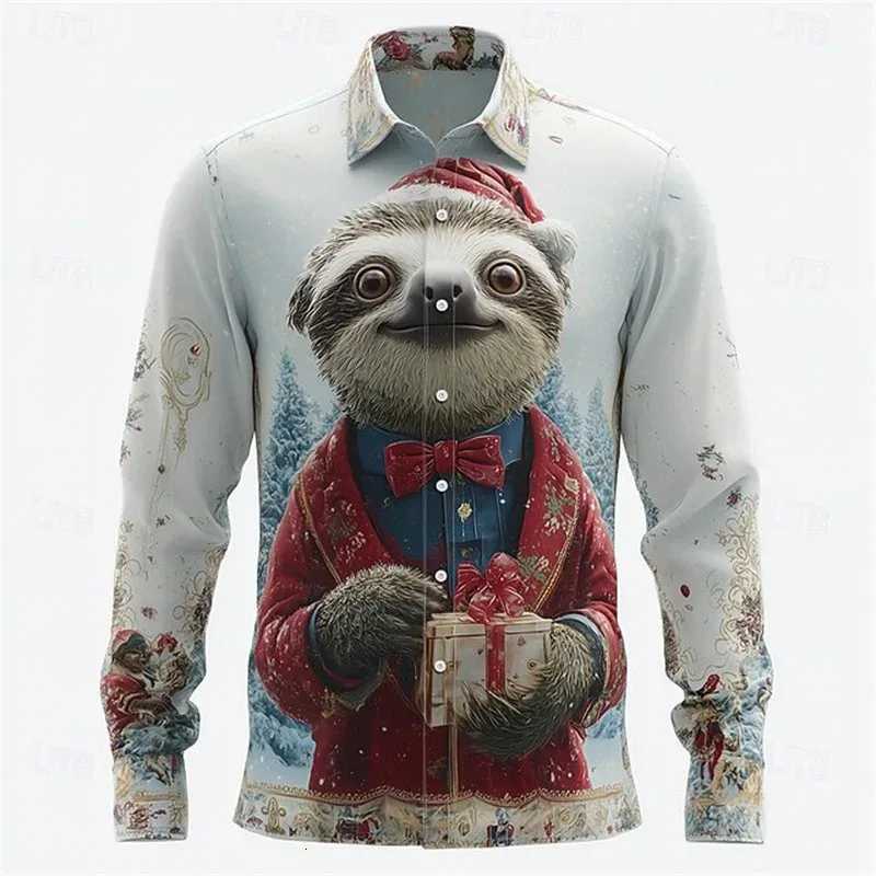 Mens Snowflake Christmas Animal Shirt Long Sleeve Fun Outdoor Holiday Spring Autumn Lapel 3D Printed Lapel Lining Red Blue K251110