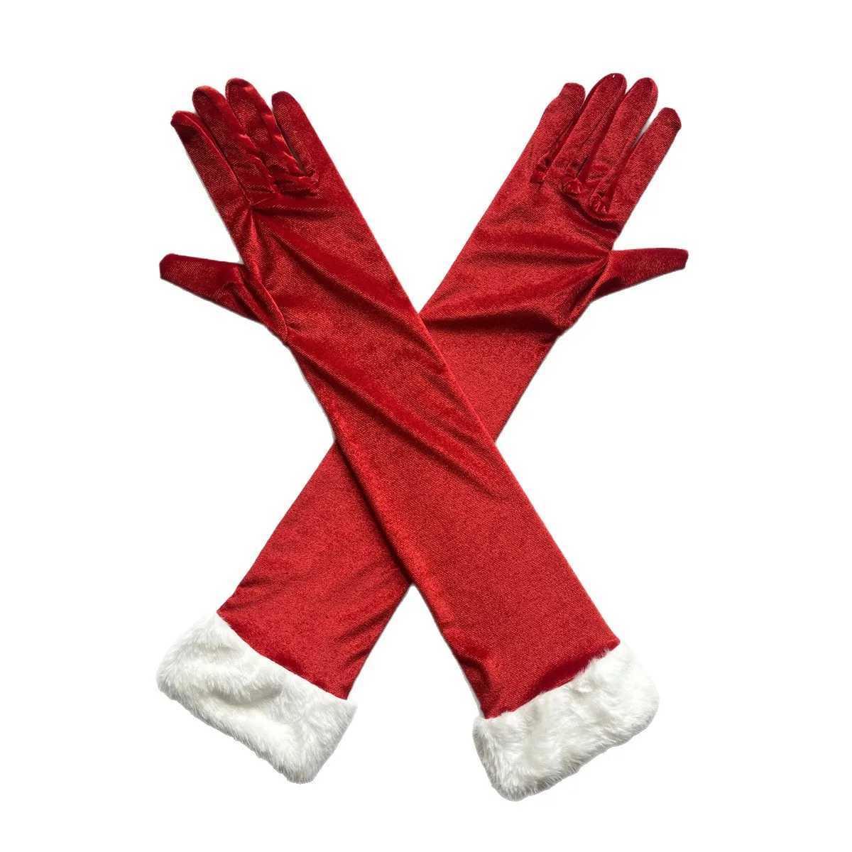 A Pair OfRed Long Velvet Gloves White Furry Cuff Elegant Party Gloves For Women Christmas Cosplay Evening Dress Accessories L251110