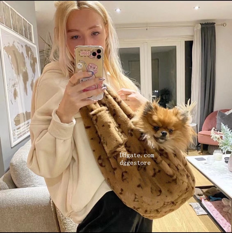 Designer Dog Carrier Sling, Soft Plush Pets Sling Carriers for 0-15 lbs, Hands Free Puppy Carrier, Crossbody Kitten Carrier for Travel, Storage Pocket, Tote Design Brown 16