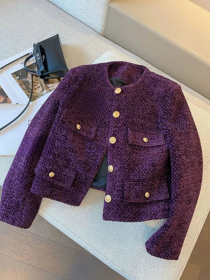Jmprs Purple Retro Tweed Jacket Women Fall Winter O Neck Long Sleeve Short Coat Korean Casual Elegant Vintage Female Slim Tops 251110