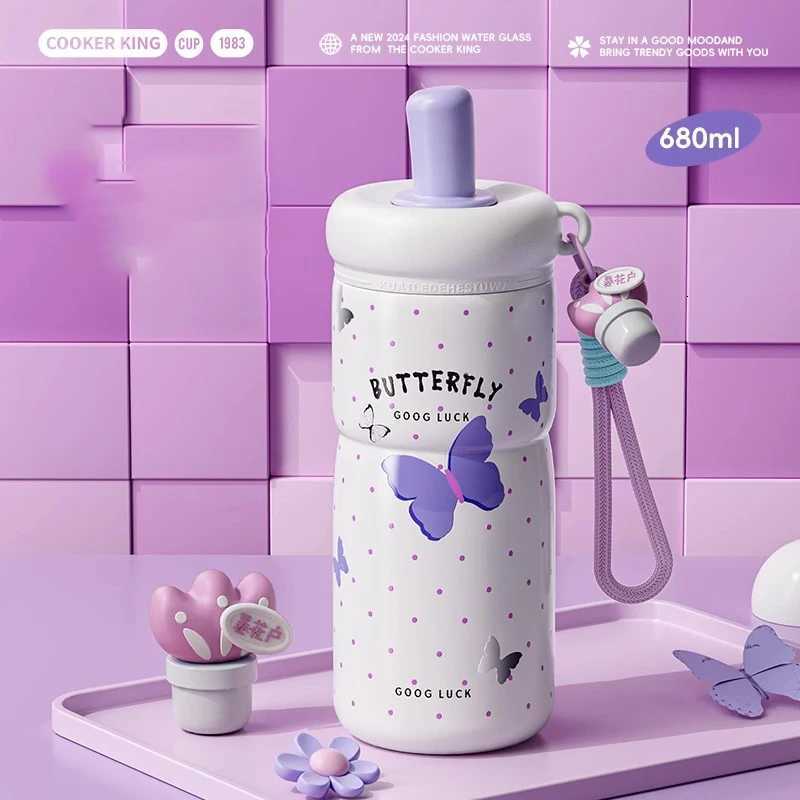 Fashionable cup 680ml Thermos Cup with Straw Stainless Steel Ceramic Inner Insated Cup Cartoon Travel g Portable Water Bottle Y251110