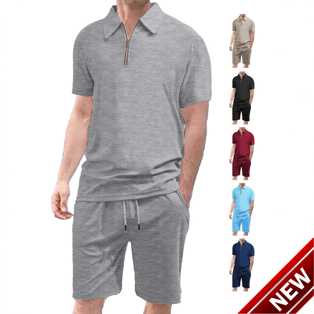 New solid color jacquard multi-color fabric loose short sleeved top casual versatile mens set