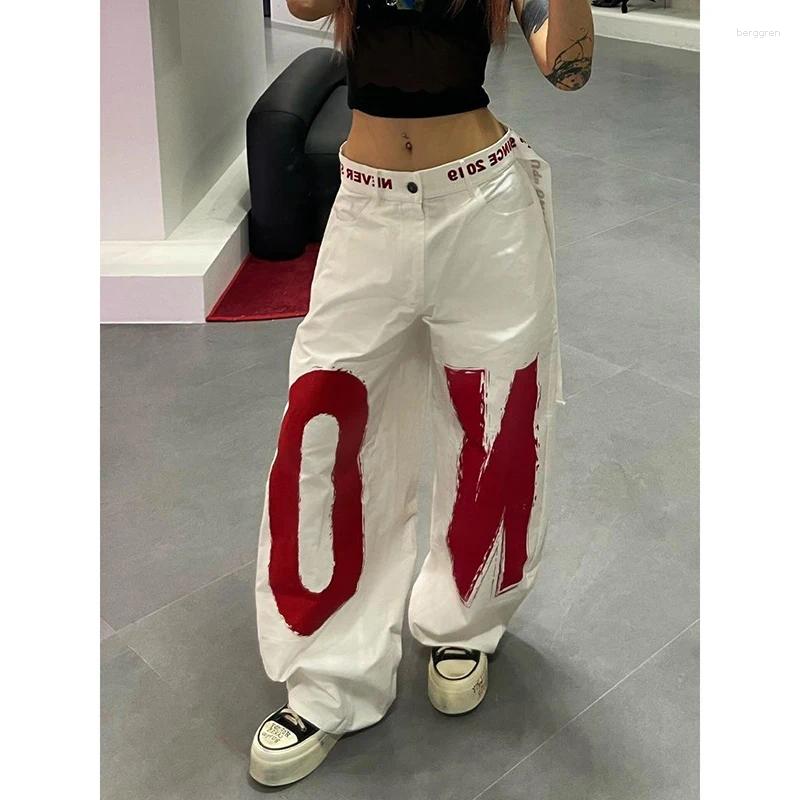 Womens Jeans ZHIZOU Women White Letter Print Y2k Baggy 2000s Style Denim Trouser Harajuku Vintage Oversize Hip Hop Pants Autumn Z260313