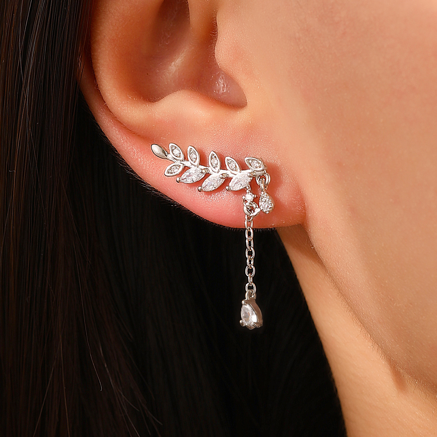 Fashion Asymmetric Copper Inlaid Zircon Leaf Earrings for Women