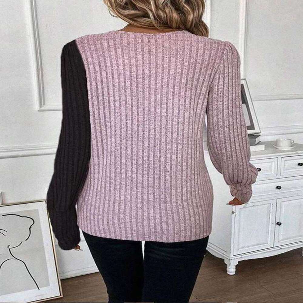2024 New Cross-Border Trade European American Women's Z Round Neck Color Block Ribbed Cross Hem Long Sleeve Spring and Autumn Knitted T-Shirt