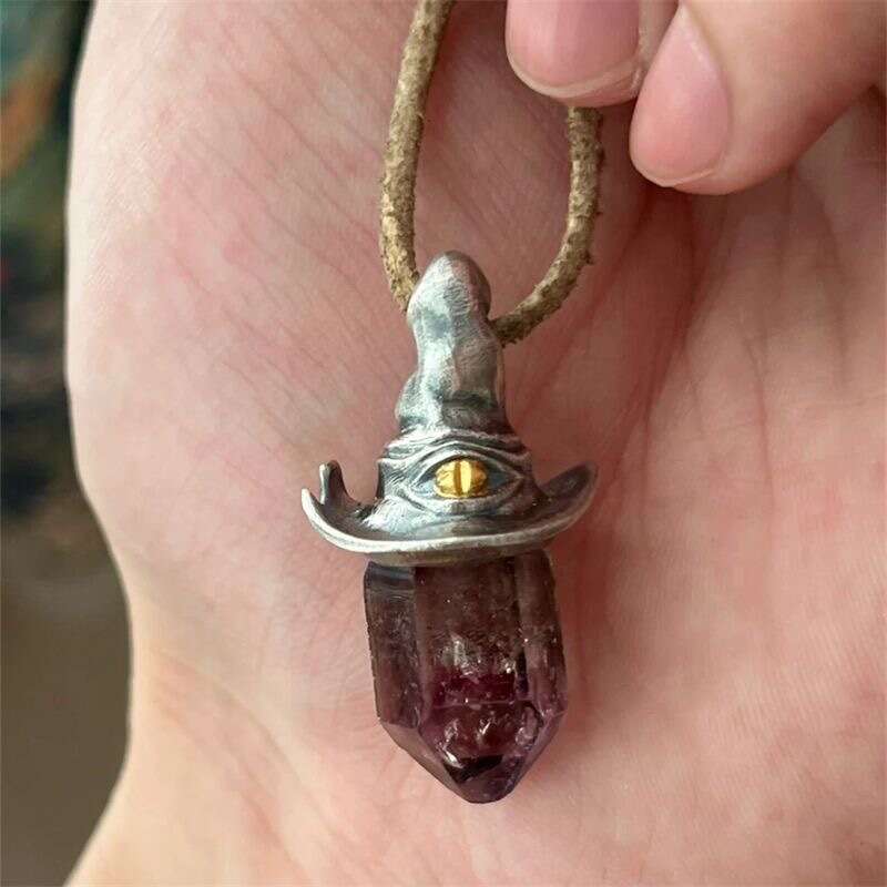 Cross-Border Yuji Retro Style Natural Amethyst Hexagonal Pillar Witch Hat Unique and Simple Niche Pendant