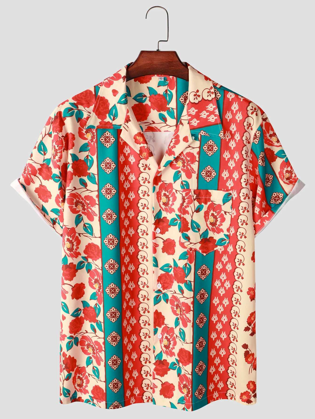 Mens Hawaiian shirt - bright floral pattern short sleeves buttons summer casual beachwear X250410