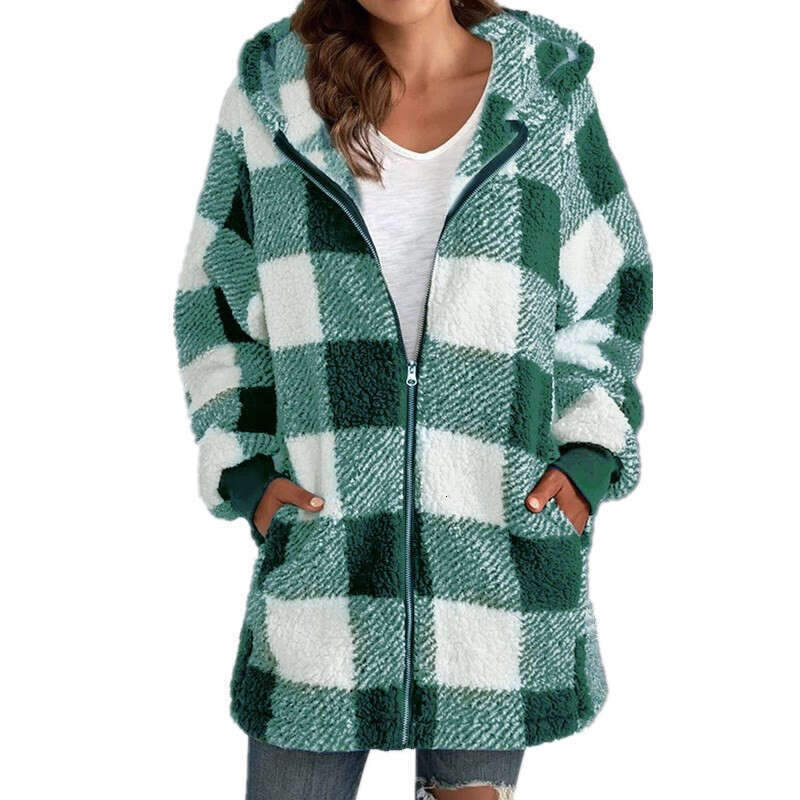 European and American Style Plush Women's 2024 New Amazon Long Sleeve Plaid Hooded Zipper Pocket Loose Jacket