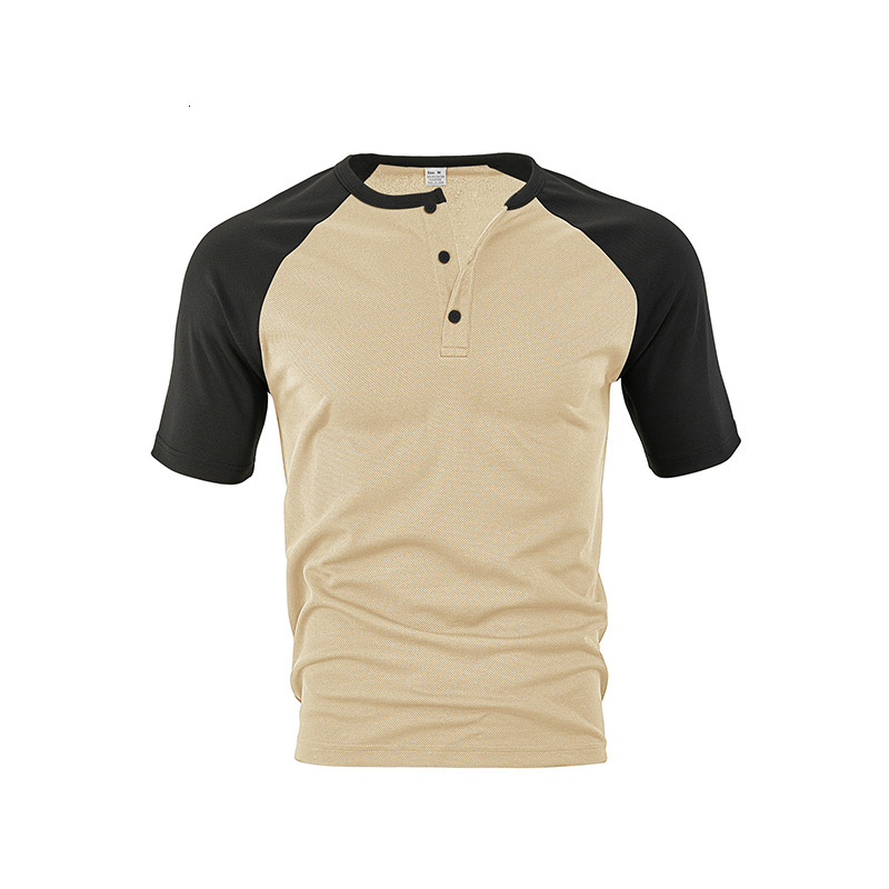 2025 color blocked trendy short sleeved Henry shirt summer new versatile round neck