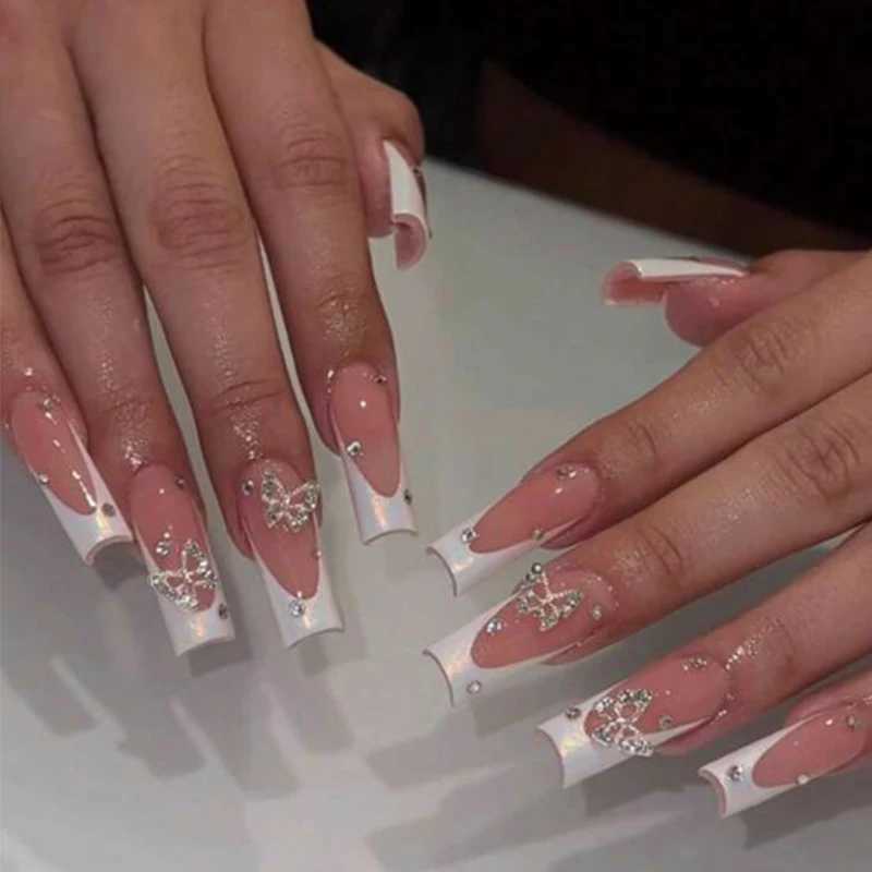 24 pieces of ballet fake nails long French press nails with rhinestones wearable coffin fake nails pink bow design handmade tips W250410