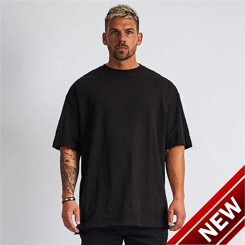 Hip hop style short sleeved sports fitness plus size T-shirt for mens running casual loose cotton exercise