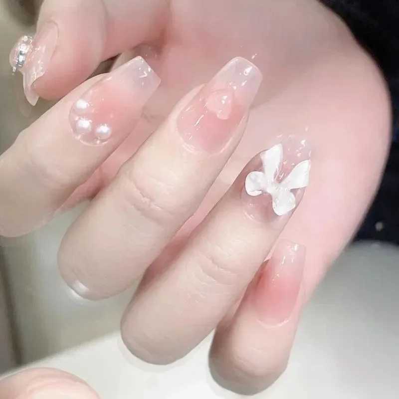 New lovely princess detachable hand knitting nail girl short false nail powder blusher bow patch false nail sticker Ins W250410