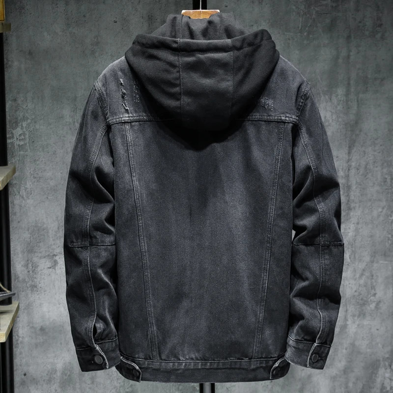Thick winter black hooded denim jacket with warm mens lining and cotton thick large size 5XL 250401