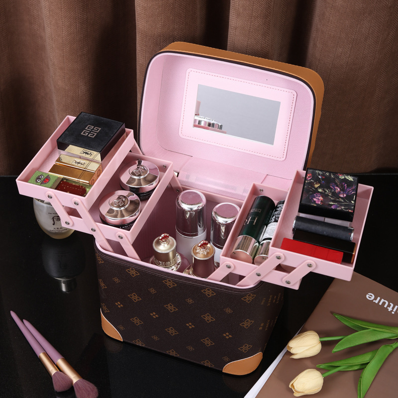Luxury Design Storage Box With Mirror PVC Multi-layer Large Capacity Cosmetic Bag for Women