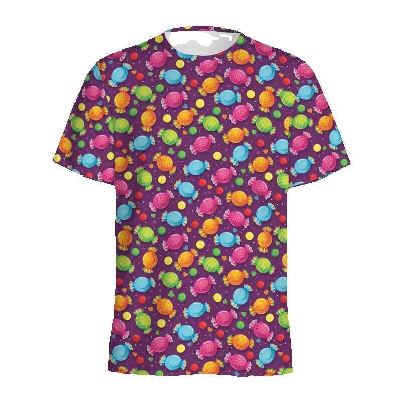 Summer round neck short sleeved colorful pattern men's full printed candy casual oversized T-shirt