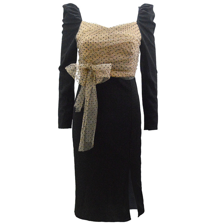 Autumn winter with polka dots waistband and sexy slim fitting new long sleeved dresses