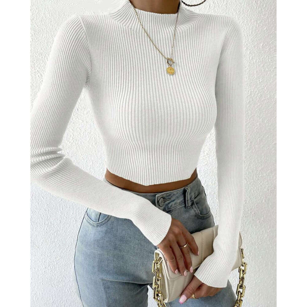 Cross-Border Foreign Trade European and American Solid Color Ribbed Base Amazon Autumn Winter Thin Slim Fit Women's Knitwear