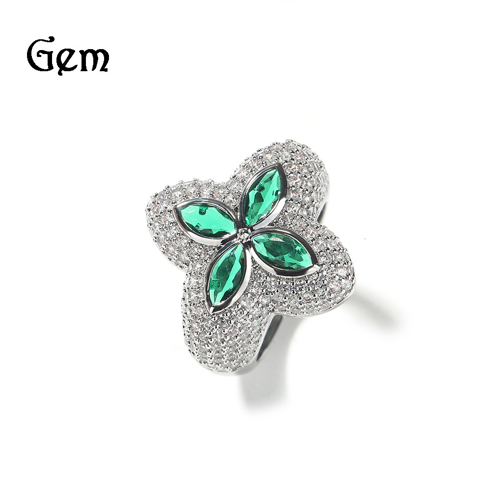 European Style Fashion Ring American Cross-border Clover Shaped Zircon Ring Designer Ring Niche All Diamond Flower Shaped Green Diamond Jewelry Ring