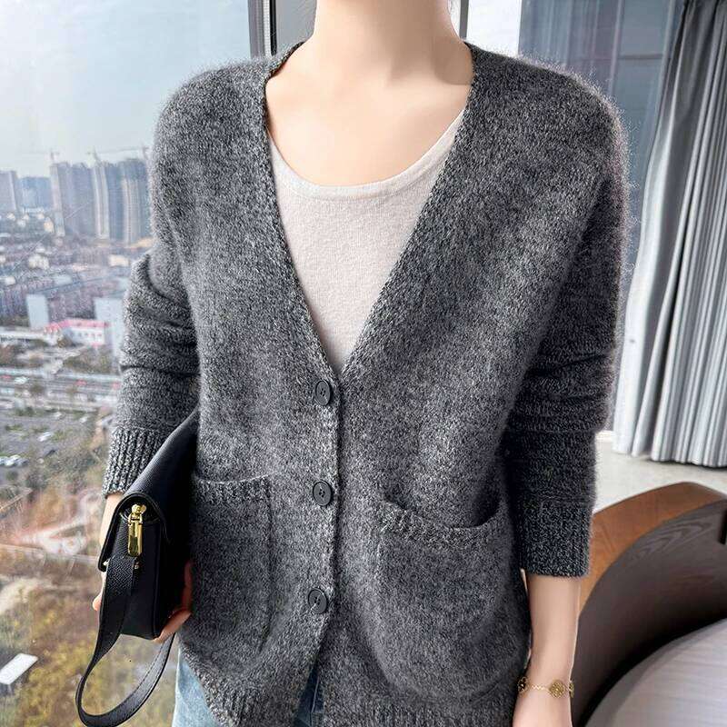 Fancy-Yarn Thickening Wool Women V-Collar Long Sleeve Wear Lady 2025 Winter Top Female Loose Ladies Sweater Plus Size Clothing