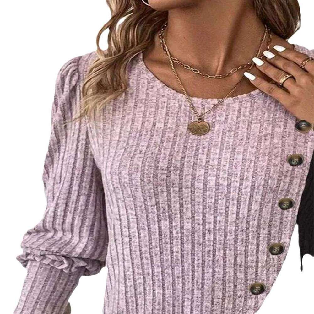 2024 New Cross-Border Trade European American Women's Z Round Neck Color Block Ribbed Cross Hem Long Sleeve Spring and Autumn Knitted T-Shirt