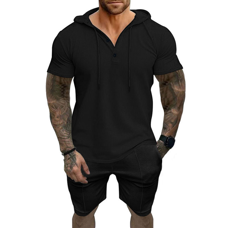 2024 Summer New Mens Casual Hoodie Set T-shirt Henley Shirt