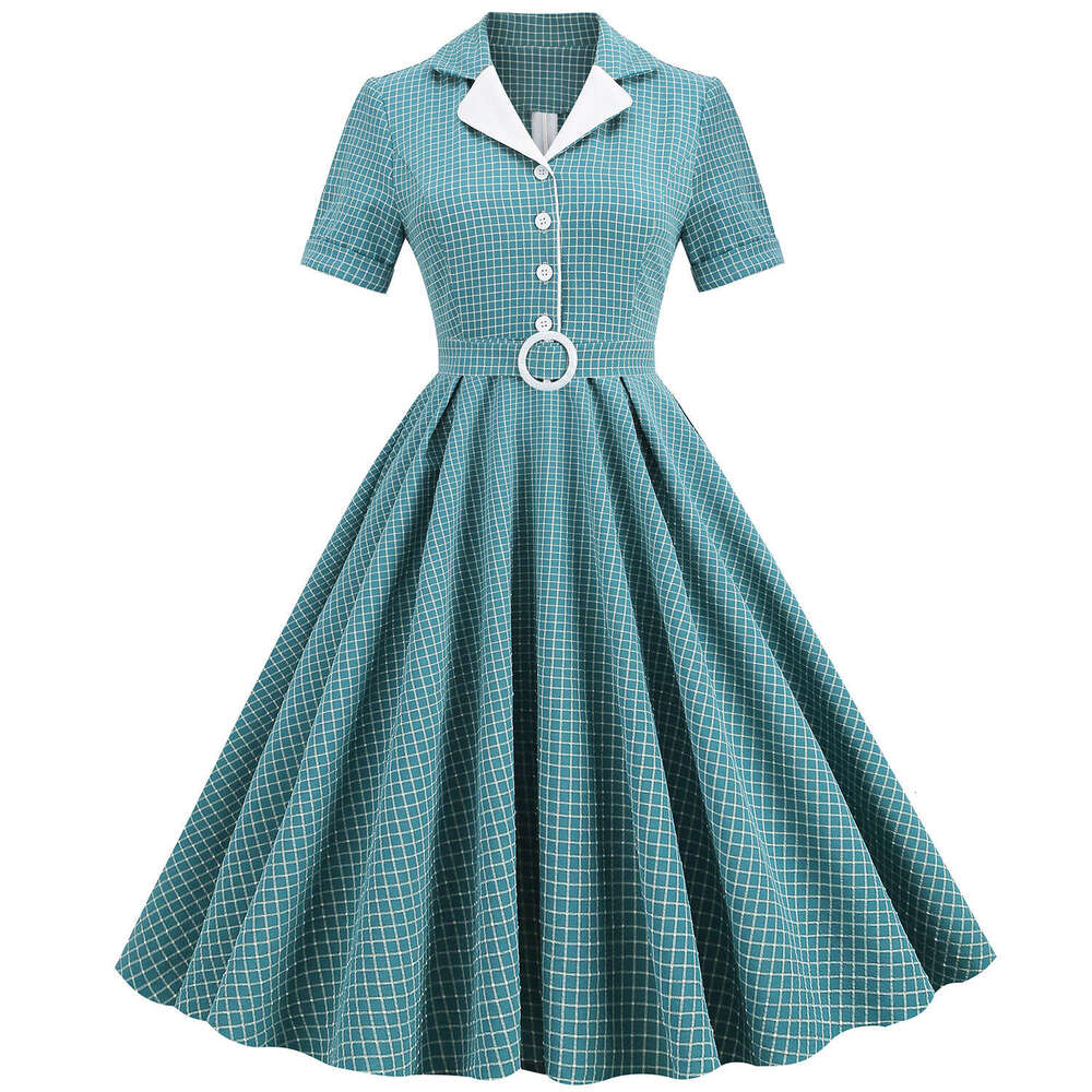 Hepburn style explosive street contrasting suit collar, grid elastic slim fit tie, large swing, medium length retro dress for women, 2025 new style, c