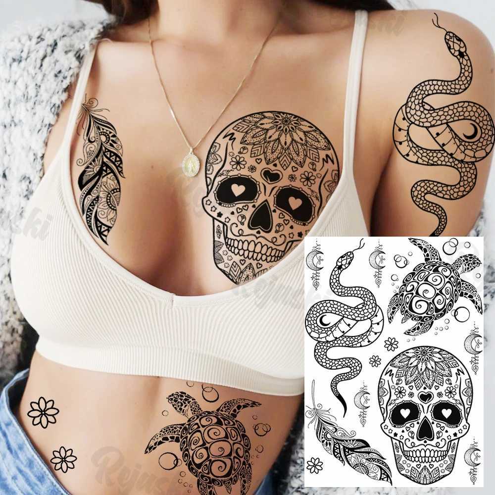 Lotus Henna Mandala chest temporary tattoo womens underwear adult butterfly turtle lion fake tattoo sexy waterproof tattoo W250410