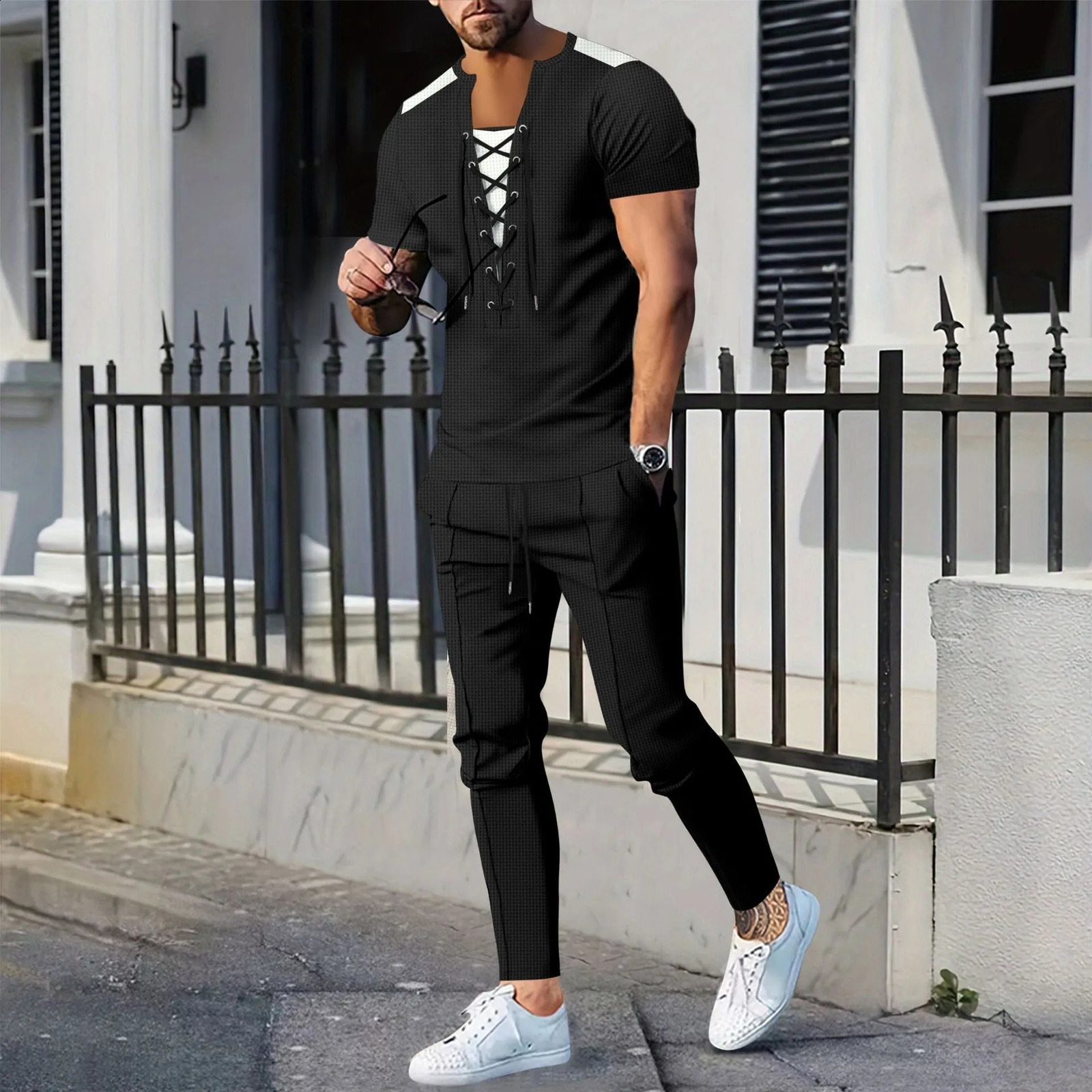 The 2025 Mens casual solid color Waffle rope short-sleeved summer casual pants suit 250407