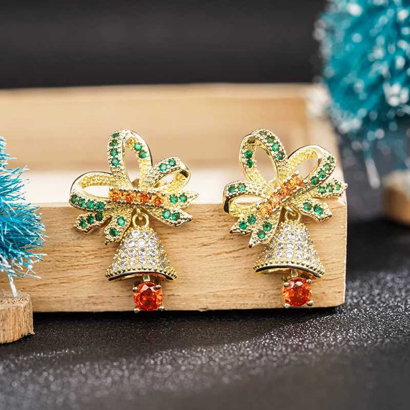 Huitan Festival Bow and Jinglebells Earrings for Women Gold Color Colorful CZ Christmas Bell Design Dangle Earrings New Jewelry J251110