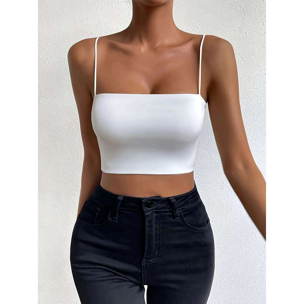 Chic Solid Spaghetti Strap Cami Crop Top Flattering Sleeveless & Backless Design - Lightweight, Fashion-Forward Womens Clothin